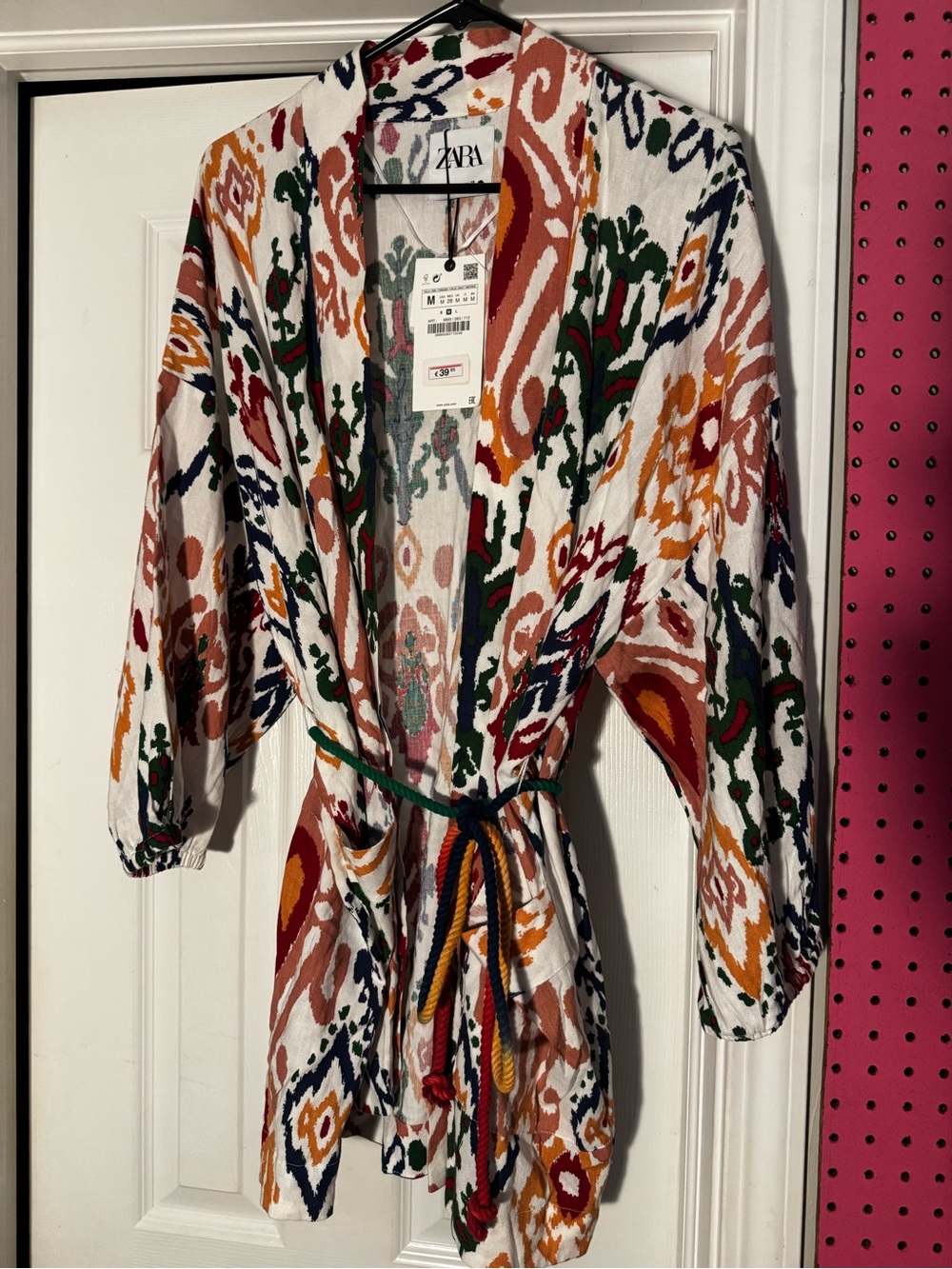 Zara Multicolor Printed Belted Kimono-Style Jacket in White
